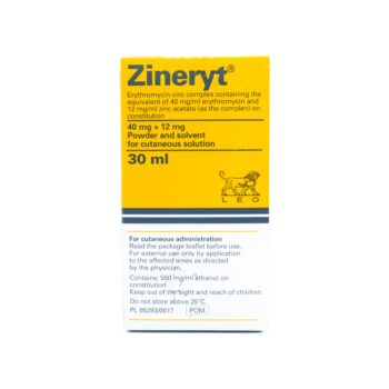 Bottle of Zineryt Solution with applicator for acne treatment