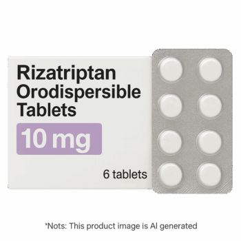 Box of Rizatriptan tablets used to treat migraines