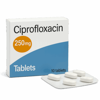 Box of Ciprofloxacin 500mg tablets for bacterial infection treatment