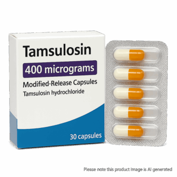 Box of Tamsulosin 400 micrograms capsules for enlarged prostate symptoms