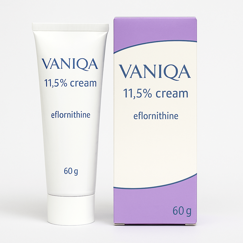 Tube of Vaniqa 11.5% Cream used to treat facial hair in women