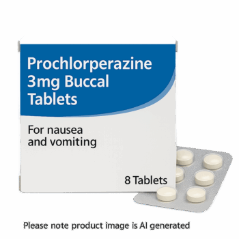 Box of Prochlorperazine 3mg Buccal Tablets used to treat vomiting