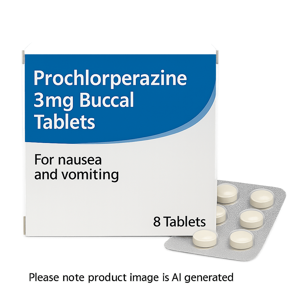 Box of Prochlorperazine 3mg Buccal Tablets used to treat vomiting
